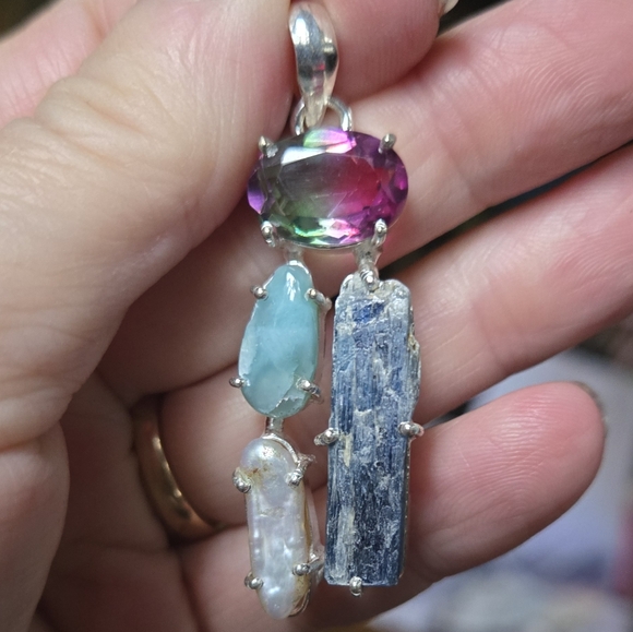 Natural Kharma by Avelon Jewelry - Watermelon tourmaline Larimar pearl & kyanite sterling pendant